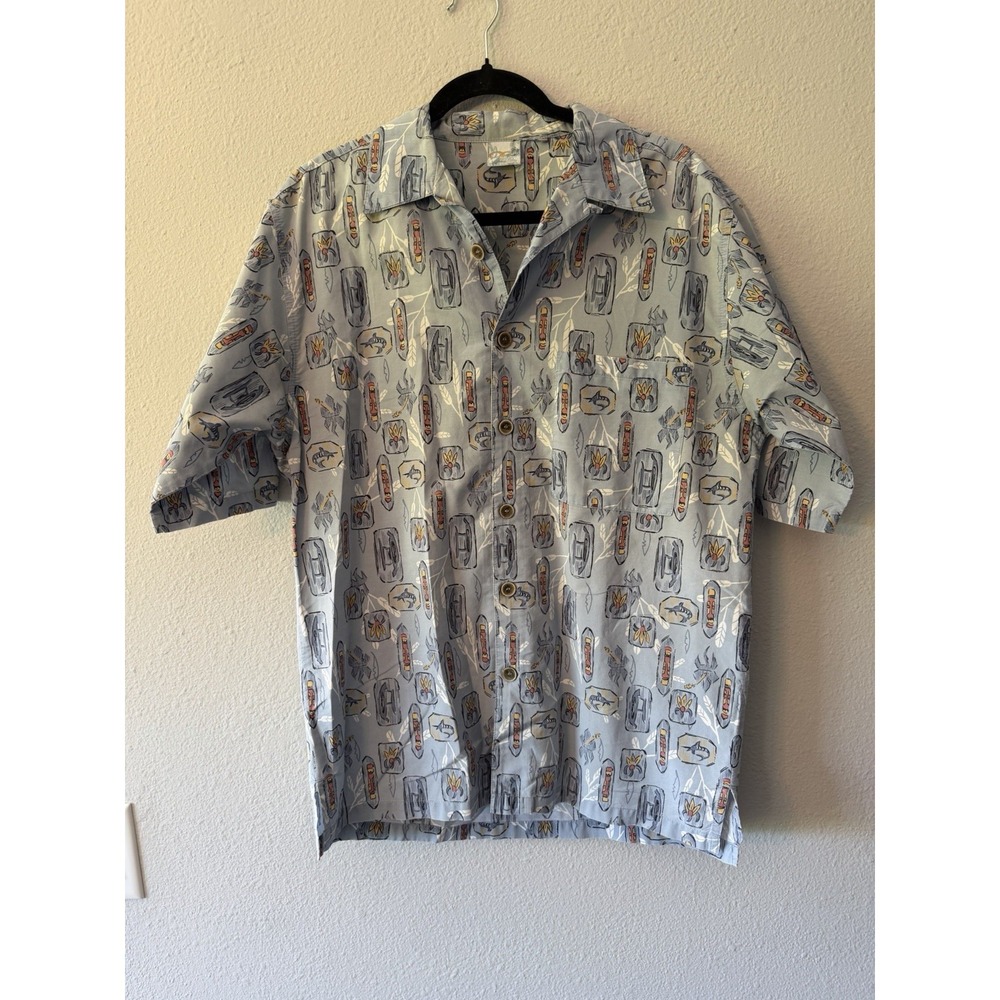 OP Sport Tiki Fish Print Shirt Mens Size Medium Vintage Hawaiian Button Up